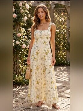 Caroline Constas Yellow Butter Floral Maxi Dress Lighweight 100% Cotton Size L